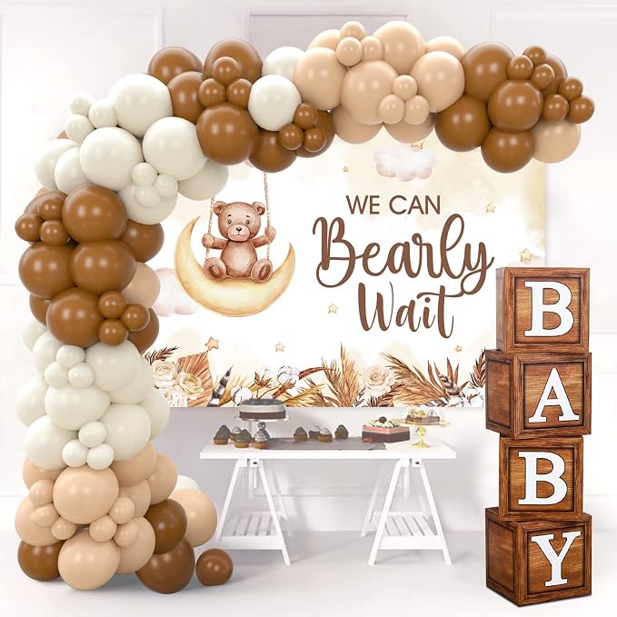 DataMoon Teddy Bear Baby Shower Party Decorations - Wood Grain Boxes with Baby Letters, 90PCS Nude and Brown Balloons, Boho Backdrop “We Can Bearly Wait” for BabyShower, Gender Reveal,Birthday Party