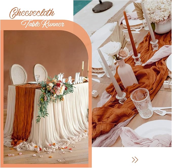 Showgeous 24 Pack Terracotta Cheesecloth Table Runner, 10FT Long Semi-Sheer Boho or Rustic Gauze Table Runner Wedding Table Decor for Wedding Arch Draping Bridal Shower Holiday Party