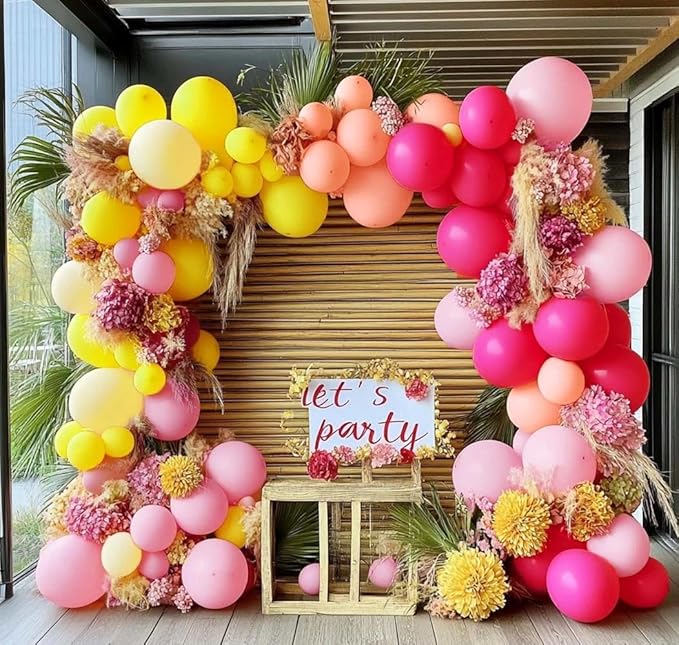 Pink Yellow Balloon Arch Double Stuffed Baby Pink Peach Balloons Different Sizes Colorful Balloon Garland For Birthday Baby Shower Spring Wildflower Wedding Home Decorations