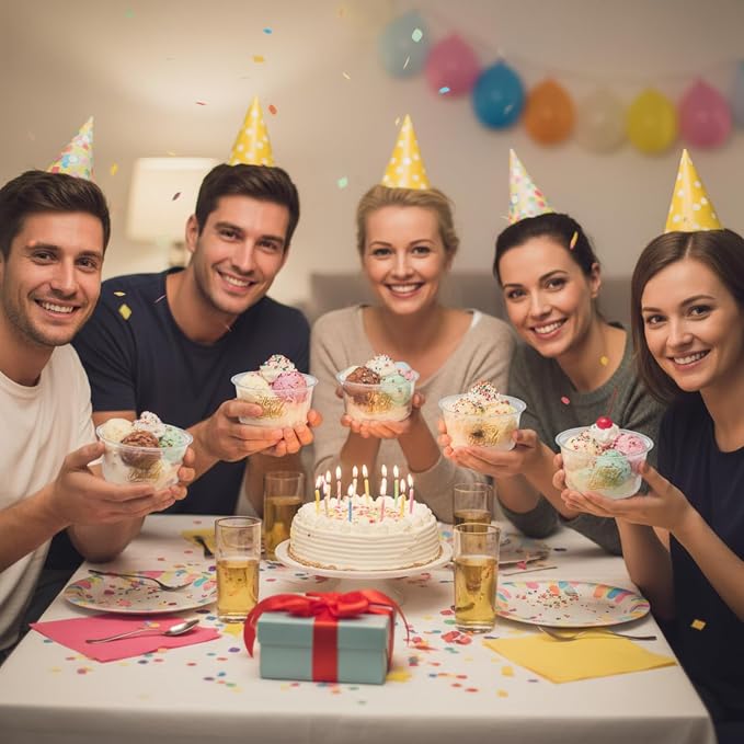 SiliFine 100 Pcs Birthday Plastic Bowls 12 oz Birthday Cups Disposable Clear Serving Bowls Dessert Cups for Ice Creams Desserts Parfaits Snacks Party Favors Supplies Decoration