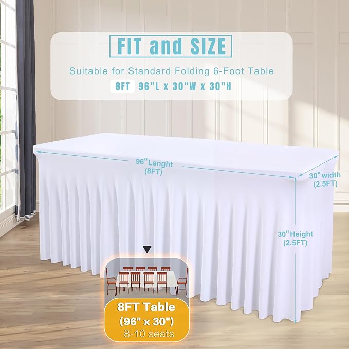 1 Pack White Tableclothes for 8 Foot Rectangle Tables, Wrinkle Resistant Fitted Table Cloth Stretch Spandex Table Covers with Skirt for Event Banquet Wedding Birthday Party