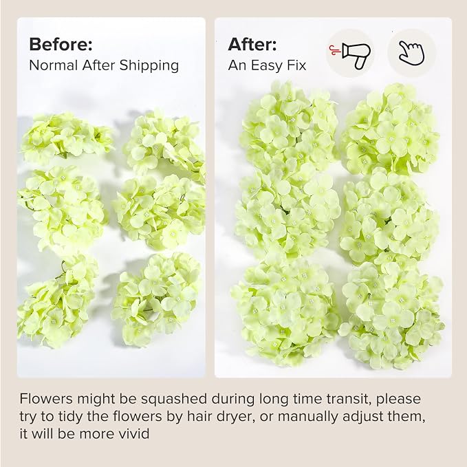 Auihiay 64 PCS Full Hydrangea Flowers, Silk Hydrangea Artificial Flowers Heads with Stems, Artificial Flowers for Wedding, Garden, Baby Shower, Party, Outdoor Indoor Decoration (Light Green)