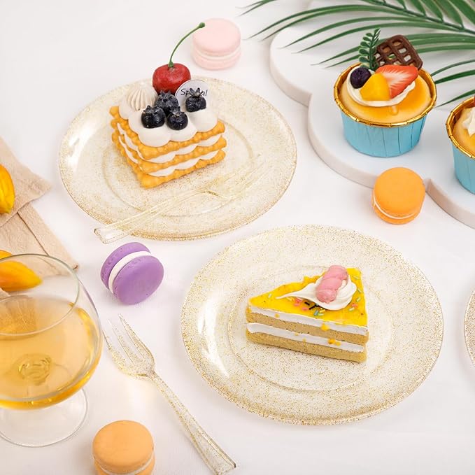 Festiva 200Pcs Gold Glitter Dessert Plates 6.3" with Forks 5"-Small Plastic Dessert/Cake/Appetizer Plates Disposable for 100 Guests Easter Party &Wedding& Birthday&Mother's Day