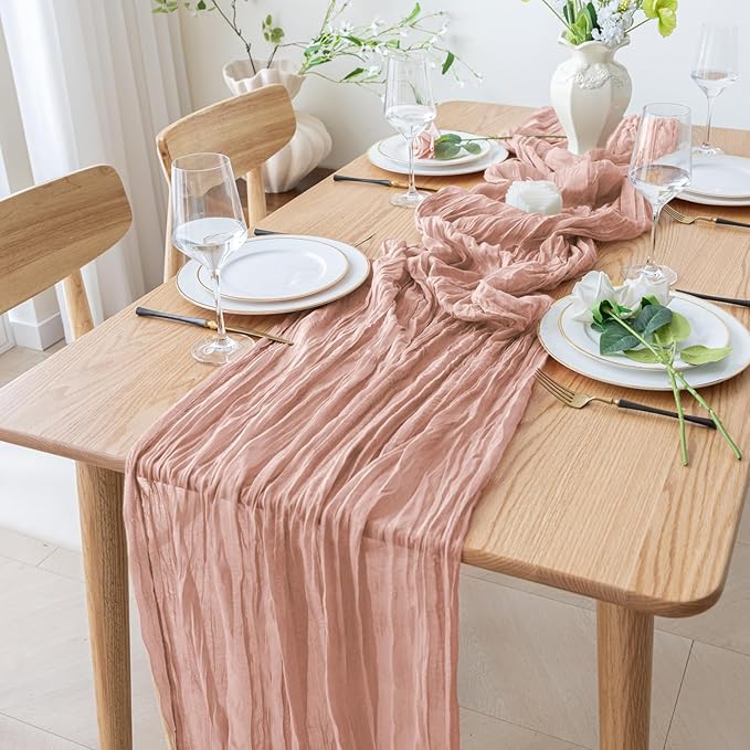 4PCS Table Runner Cheesecloth 10FT Dusty Pink Boho Gauze Cheese Cloth Rustic Sheer Table Runners for Wedding Bridal Baby Shower Party Decoration