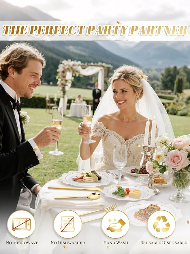 WDF 100PCS White and Gold Plastic Plates - Gold Disposable Plates - Include 50 Dinner & 50 Dessert Plate for Party - Heavy Duty Fancy Plastic Plate for Wedding/Bridal shower/Mother's Day