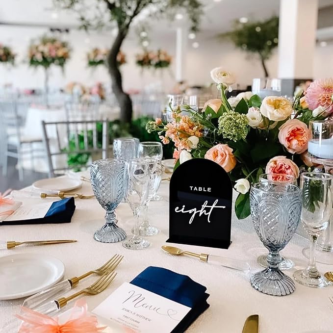 Black Arched Wedding Table Numbers 1-10 with Stands, 5x7 Inch Black Acrylic Arch with Raised White Numbers, Acrylic Table Numbers for Wedding Reception