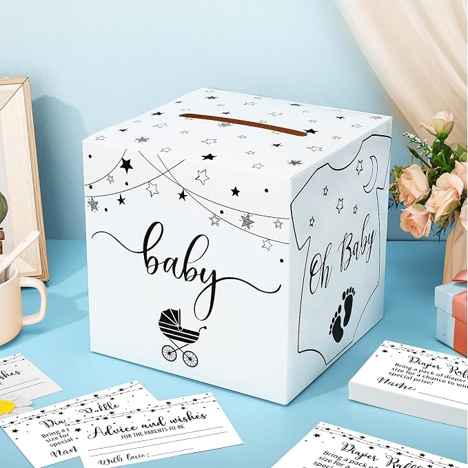 Teling 51 Pieces Diaper Raffle Tickets with Card Box Baby Shower Decorations Baby Shower Holder Box for Girl Boy Diaper Raffle Party(Fresh Style)