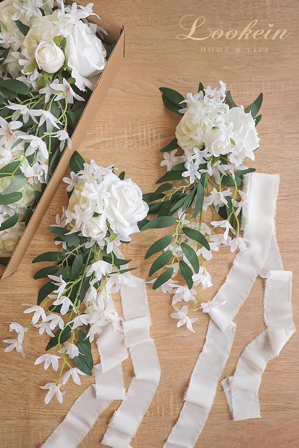 Lookein Set of 8 Pew Flowers for Wedding Ceremony Chair Decorations Bench Decoration Wedding Aisle Chair Decoration, Natural White