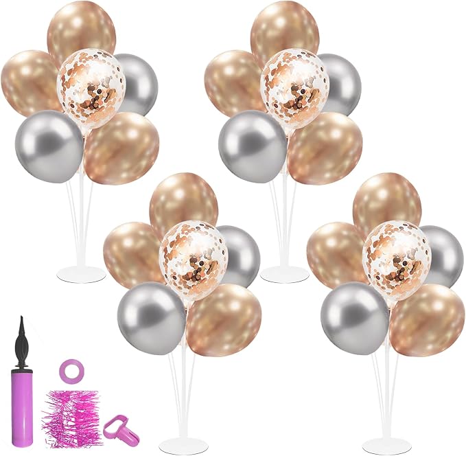 4 Set Balloon Stand with Champagne Silver Balloons and Pump | For Birthday Bridal Shower Wedding Engagement Anniversary Retirement Mother's Day New Years Party Supplies