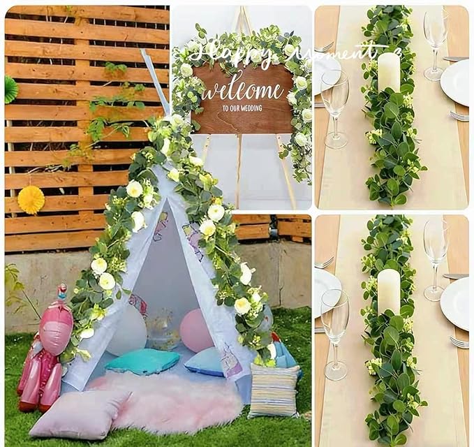 Greenery Garland with White Roses 2Pack: 5.9Ft Artificial Vines Hanging Eucalyptus Leaves for Wedding Arch Swag Backdrop Doorways Table Runner