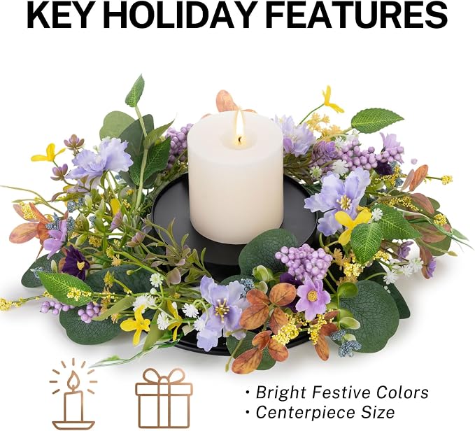 MOYEE Summer Centerpieces for Tables Candle Ring, Black Metal Candlestick with an Artificial Wreaths 14 in Versatile Dining Table Centerpiece Decor (Purple Foam Flower Wreath)