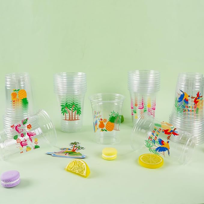 50Pcs Luau Party Decoration Cups 16 OZ Disposable Plastic Drinking Cups with Pineapple Flamingo, Summer Cup for Hawaiian Tropical Aloha Pool Beach Birthday Party Decor Supplies