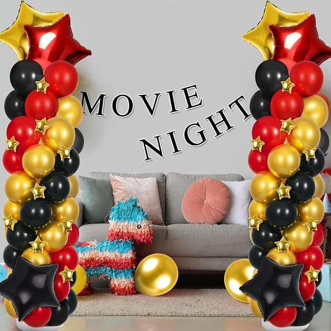 2 Sets Black Gold and Red Balloons Decorations Adjustable Balloon Column Stand Kits with 4 Stars Movie Night Garland Arch Tower Balloons for Wedding Baby Shower Birthday Party Decorations