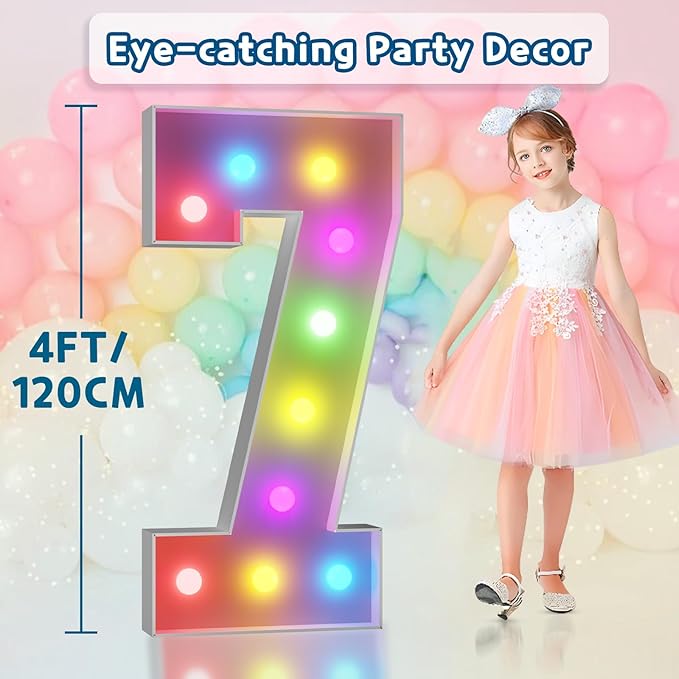 imprsv 4FT Colorful Marquee Numbers,18 Colors with Remote, Light Up Numbers 7 for 7th 70th Birthday Decorations Anniversary Party Decor, Pre-Cut Foam Board Kit, Mosaic Sign for Balloon