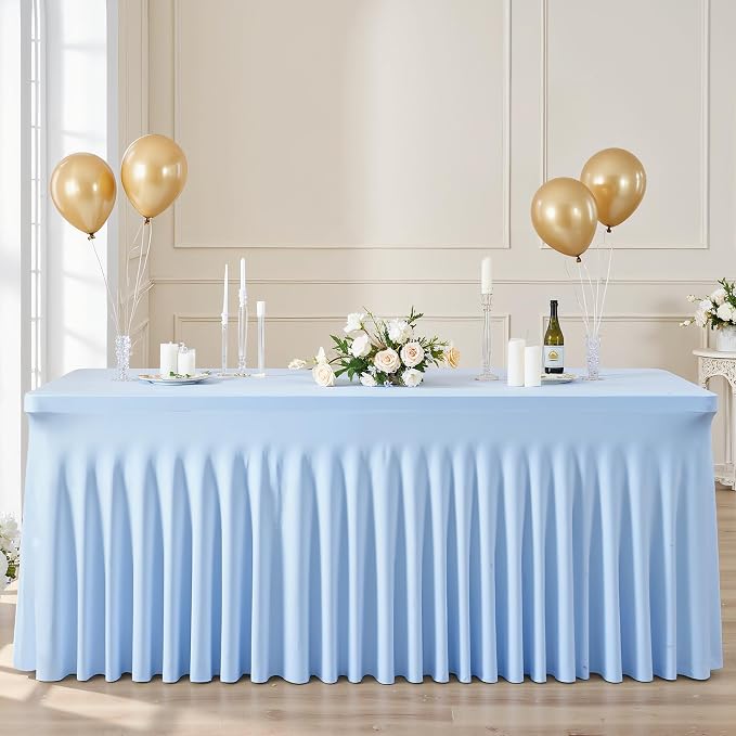 6 Pack 6ft Baby Blue Spandex Table Cloths for Rectangle Tables Wrinkle Free Rectangle Tablecloths Stretch Fitted 6 Foot Table Cover with Skirt for Baby Shower Boy Birthday Party Wedding Banquet Buffet
