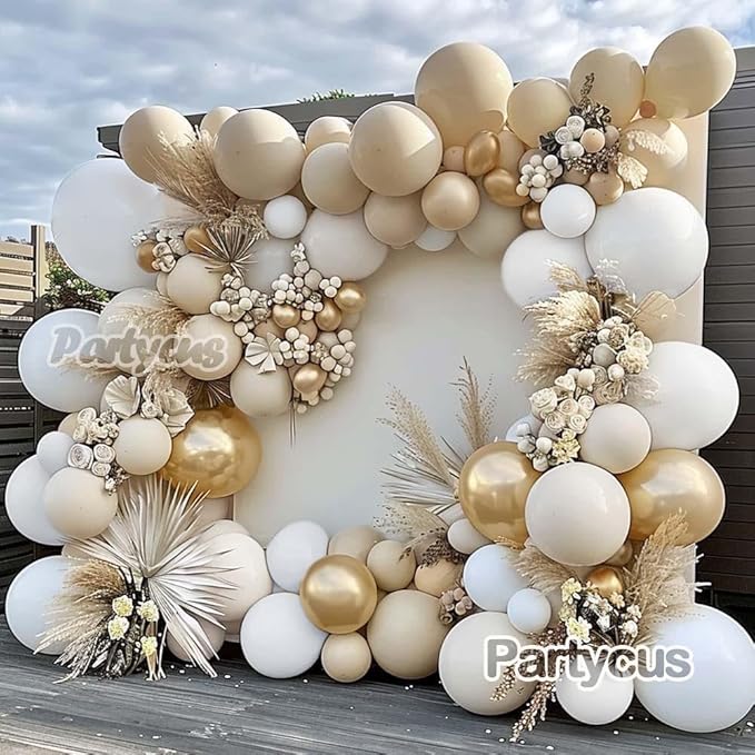White Sand Gold Balloon Arch - Double Stuffed Matte Cream Nude Beige White Pastel Neutral Balloon Garland Kit for Boho Baby Shower Birthday Gender Reveal Bridal Wedding Valentines Easter Party