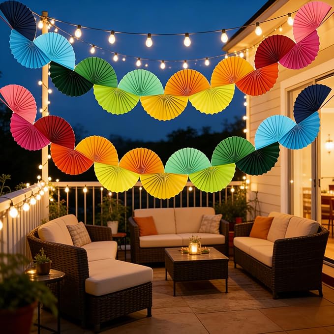 3 Pack Paper Fans Garland, 15.6ft Rainbow 3D Paper Fan Background Ceiling Hanging Decorations for Birthday Party Bachelorette Wedding Party Supplies