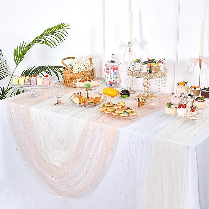 LuoluoHouse Pearl Tulle Table Runner Fabric: Beige 10ft Wedding Veil Seasonal Dessert Chiffon Pearl Lace Boho Overlay Wedding Aisle Runner Party Decorations Doilies 3pcs
