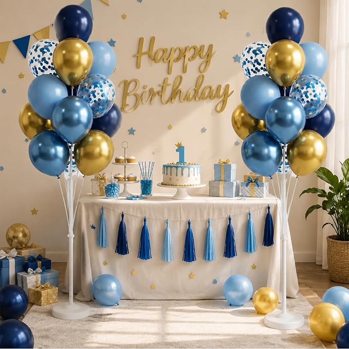 Balloon Column Kit Set of 2, Anti-Tip Sand-Fill Base Balloon Tower Stand with 10" 26pc Blue Gold Confetti Balloons, Height Adjustable for Easter Birthday Wedding Bridal Party Decorations