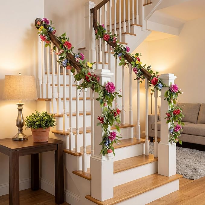 Giegxin 1 Pack 6 ft Artificial Flower Garland Flower with Dahlia and Wildflower Pink Purple Fake Wisteria Vines Summer Greenery Eucalyptus Garland for Wedding Mantle Porch Stair Table Indoor Decor