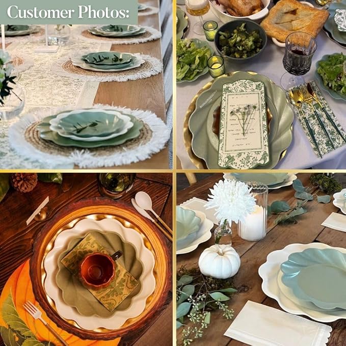 Eco-Friendly Compostable Party Plates - 24 Piece Set in 3 sizes. 8 XL Plates, 8 Dinner Plates, 8 Salad Plates- Made Of Bamboo Wood Fiber, and Sugarcane- Sturdy, Heavy Duty & Stunning - Sage