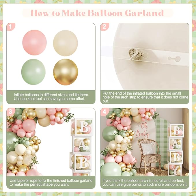 Pink and Green Gold Balloon Arch Kit, 132Pcs Pink and Green Baby Shower Decorations with Baby Boxes Letters for Girls Boho Baby Shower Gender Reveal Birthday Party Decorations