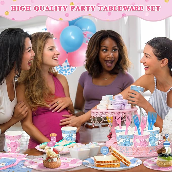 190 Pcs Gender Reveal Party Decorations Kit (Serves 24 Guests), Include Plates and Cups and Napkins Sets with Forks and Banner, Girl or Boy Baby Gender Reveal Party Supplies