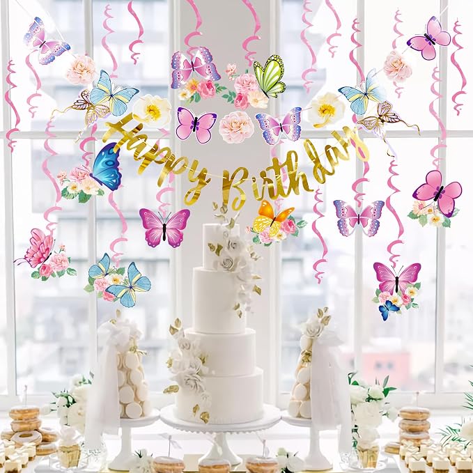 SUNBEAUTY 22PCS Butterfly Birthday Party Decorations Pre-strung Birthday Banner Garland for Women & Girls Colorful Butterfly Hanging Swirls Decorations Summer Themed Ceiling Decor for Kids Bday party