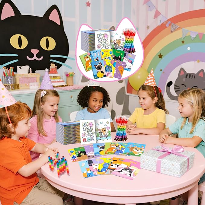 BenLouis 24 Cat Mini Coloring Books Kids with 24 Stacking Crayons Cute Kitten Small Party Favors Activity Books Bulk for Kids Pet Goodie Bag Gift Stuffer Classroom Reward