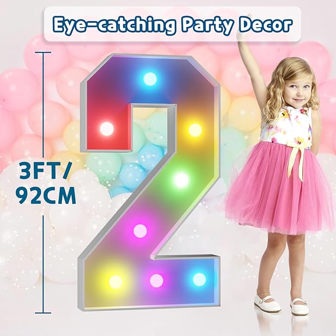 imprsv 3FT Colorful Marquee Numbers,18 Colors with Remote, Light Up Numbers 2 for 12th 21st Birthday Decorations Anniversary Party Decor, Pre-Cut Foam Board Ki, Mosaic Numbers for Balloon