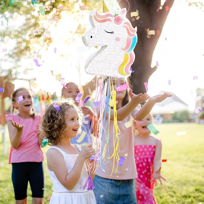 WERNNSAI Foldable Unicorn Piñata - Pull String Unicorn Birthday Party Supplies Extendable Unicorn with Blindfold Bat and Tassels Unicorn Birthday Party Decoration Games Folding Piñatas for Kids