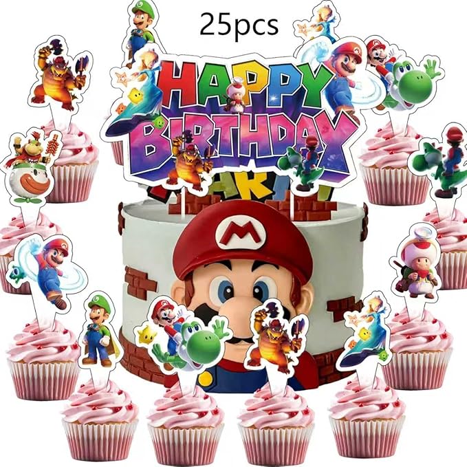 Birthday Party Decorations,50PCS latest Mario Cartoon Theme Supplies - 1 large cake plugin, 1 Backdrop, 1 Banner,6 decorative pendants, 1 Tablecloth, 24 Cake Toppers, 16 Latex Balloons.