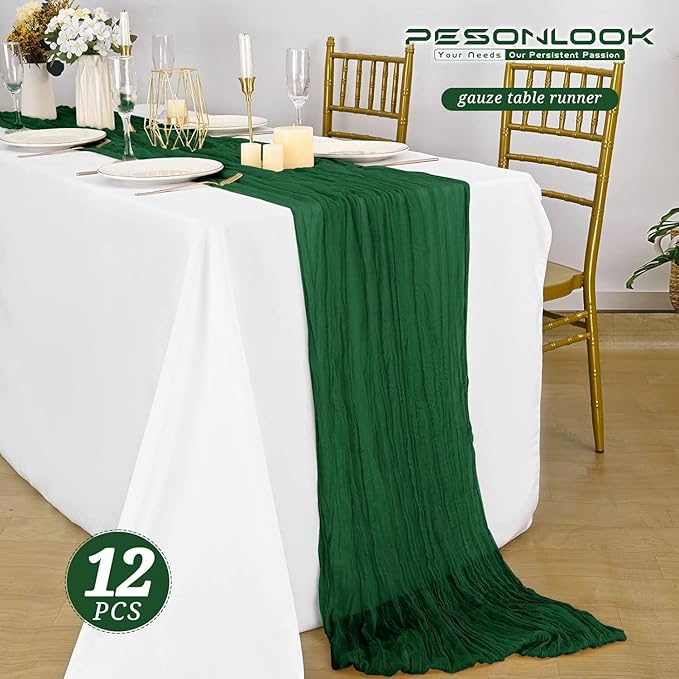 12 Pack Dark Green Cheesecloth Table Runner, 10FT Cheesecloth Rustic Boho Table Runner for Wedding Baby Shower Birthday Bridal Party Decorations(21.5×120 Inch)
