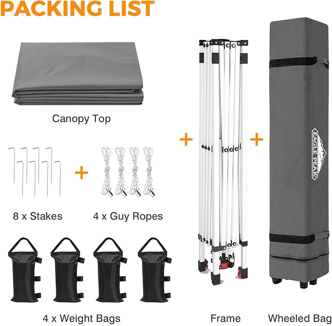 EAGLE PEAK Pop Up Canopy Tent with Wheeled Carry Bag, 8 Stakes, 4 Ropes, 4 Weight Bags, Easy Set Up Tent Canopy, 10x10 ft, 100sqft of Shade, Light Gray