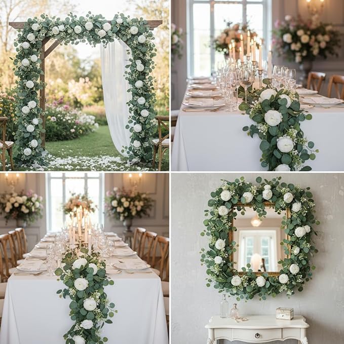 2pcs Artificial Flowers Garland 6FT Silk Peony Vine with Eucalyptus Leaves Faux Floral Garlands for Wedding Arch Door Wall Hanging Party Home Decoration (White)