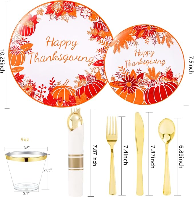 DaYammi 210Pcs Thanksgiving Plastic Plates,Orange and Red Disposable Dinnerware Set Includes 60 Dinner plates,30 Gold Plastic Silverware,30 Per Rolled Napkins,30 plastic Cups for Thanksgiving Party