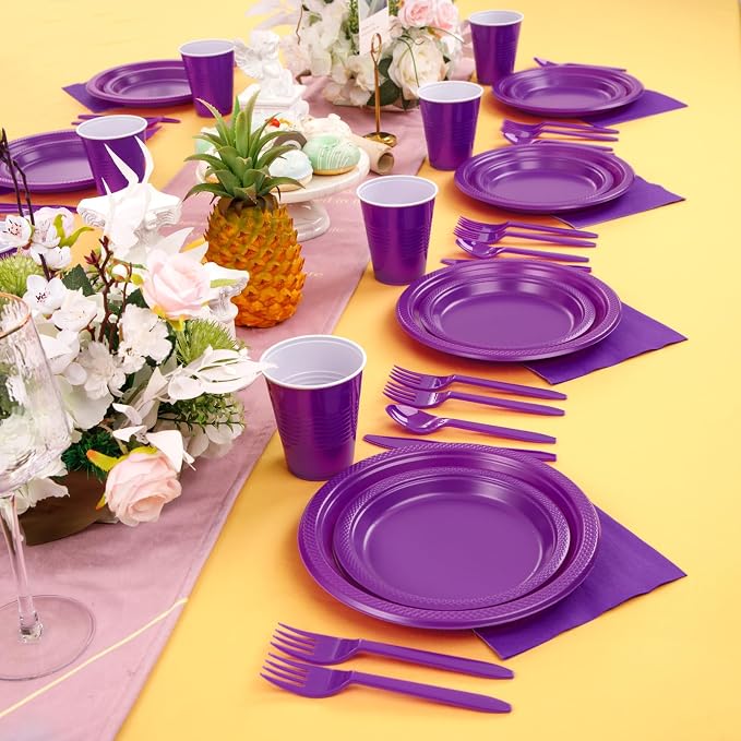 MirthMood 350Pcs Purple Party Supplies, Purple Plastic Dinnerware Set, Including Plates and Napkins, Plastic Cutlery and 12OZ Cups