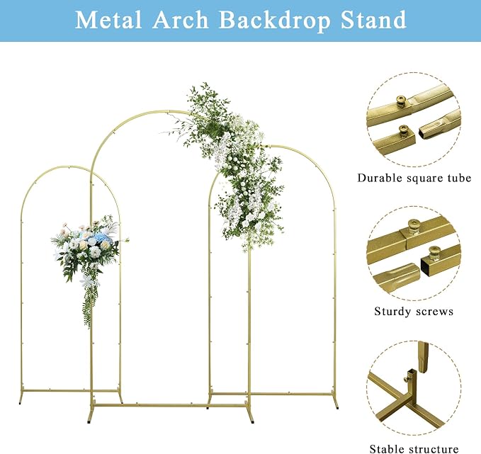 Gawicpy Wedding Arch Backdrop Stand Set Metal Arch Backdrop Stand with Wedding Arch Cover, Wedding Balloon Arch Backdrop Stand for Birthday, Baby Shower, Anniversary (Blue, 4FT+5FT+6FT)