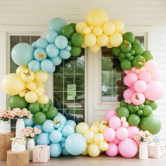 Pastel Balloon Arch Kit for Baby Shower Decorations, Birthday Party, Garden Wedding – Double Stuffed Pink Blue Yellow Green Balloons with Gold Butterflies – Girl Boy Gender Reveal Decorations