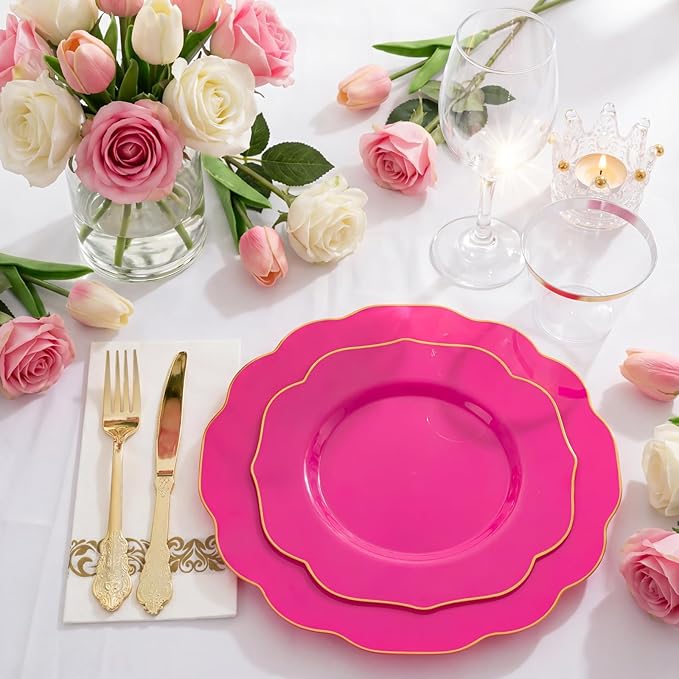 NOCCUR 175PCS Hot Pink Plastic Plates with Gold Disposable Silverware - Include 50 Hot Pink Plates,25 Knives,25 Forks,25 Spoons,25 Cups and 25 Napkins - Ideal for Party/Mother's Day