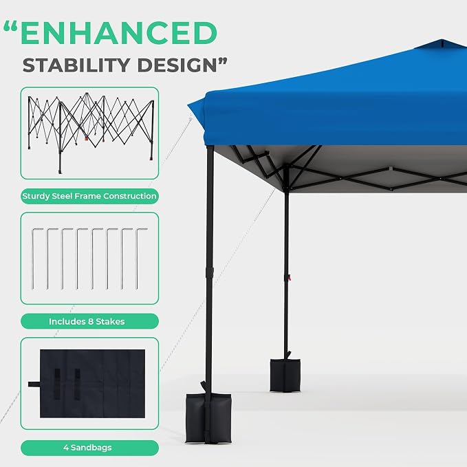 JEAREY 10x10 ft Pop Up Canopy Tent, Heavy Duty Outdoor Canopy with 1-Push Instant Setup, Commercial Tent with Roller Bag, 4 Sandbags and 8 Stakes, Water-Resistant, Royal-Blue