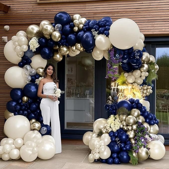 Navy Blue Balloon Garland Double Stuffed Pearl White Royal Blue Balloons Dark Navy Gold Balloon Arch Kit for Birthday Baby Shower Wedding Graduation Father's Day Party Decor