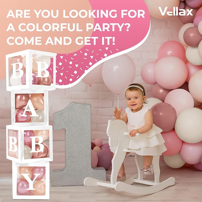 44-Piece Baby Shower Decorations for Boy or Girl - 4 Boxes with Letters and 32 Balloons - Neutral Dusty Pink, Sand and Nude - Gender Reveal Party Supplies - Nursery Decor Prop