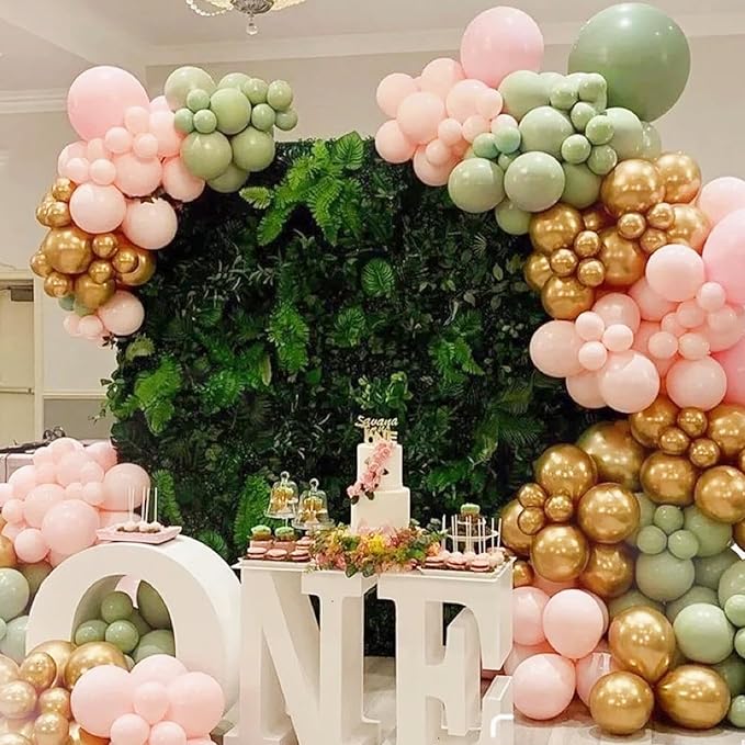 412Pcs Pink and Green Balloon Garland Arch Kit -Different Sizes 18 12 10 5inch Sage Green and Pink White Sand Gold Different Size Balloons for Girl Birthday Jungle Safari Woodland Party Decorations