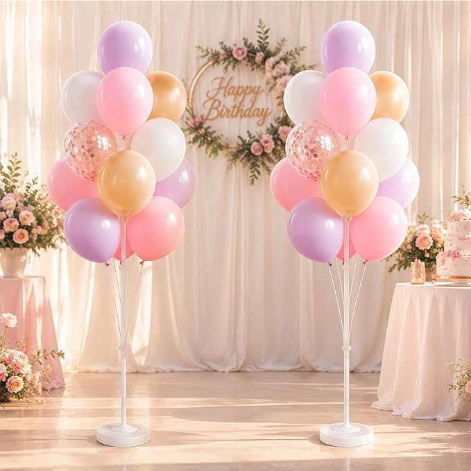Balloon Column Kit Set of 2,Anti-Tip Sand-Fill Base Balloon Tower Stand with 10" 26pc pink purple Confetti Balloons,Height Adjustable for Easter Birthday Wedding Bridal Party Decorations