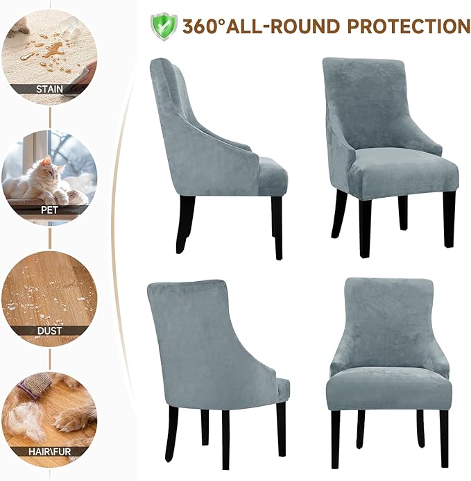 Velvet Wingback Dining Chair Cover Soft Stretch Accent Chair Cover Slipcover Thick Plush Wing Back Chairs Covers Furniture Protect Washable Chairs Protector Covers for Dining Room (Silver Grey, 2)