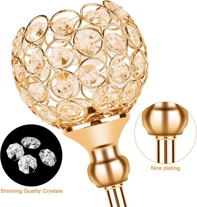 Gold Crystal Tealight Candle Holders Bling Bowl Candelabras 3 Arms Candlesticks Holder with Plastic Candles and Gloves Table Centerpiece Center Pieces Decoration for Wedding Party Anniversary