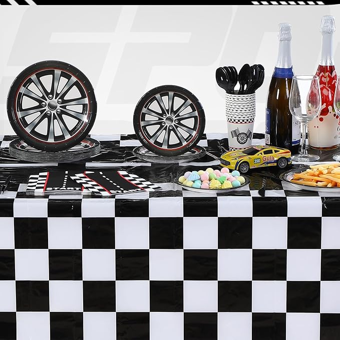 Funnymoom Race Car Birthday Party Decorations Include Car Paper Plates and Napkins Cups Tablecloth Cutlery Straws for Sports Themed Party Supplies, Serves 50