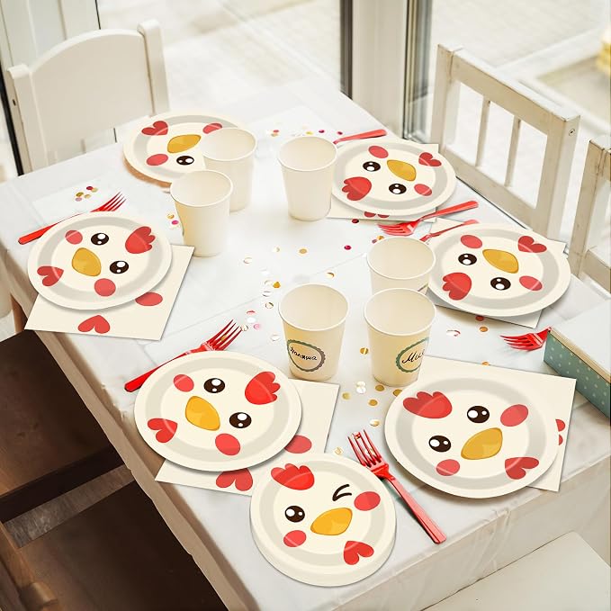 gisgfim 50 Guests Chicken Party Decorations Chicken Plates and Napkins Chicken Party Decoration For Birthday Party Plates Tableware Set Chicken Theme Party Paper Plates Napkins Forks 200 PCS