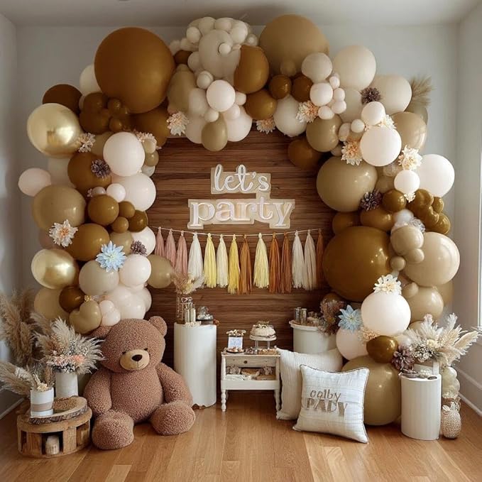 Neutral Balloon Arch Garland Kit - Double Stuffed Nude Beige Brown Cream Gold Balloons with Artificial Flowers Tissue Tassels for Birthday Bear Baby Shower Bridal Party Decoration